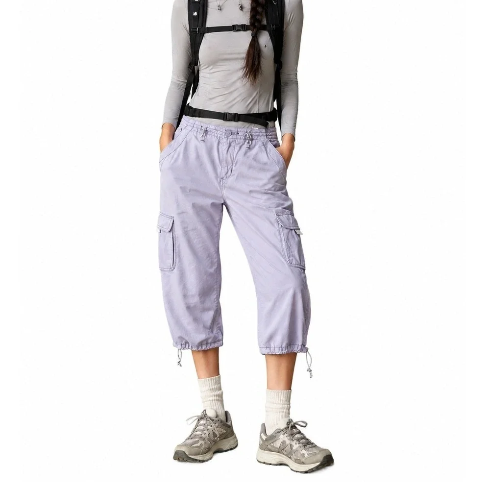 Y2K Light Lavender Cargo Capri Pants Hiking Gorpcore Drawstring Hem 7